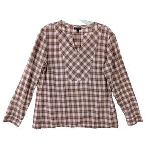 Talbots Shirt Womens Medium Popover Pink Plaid Western Peasant Cottagecore